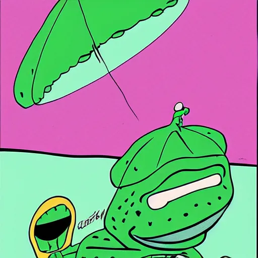 Prompt: ufo abducting pepe the frog from pasture during summer night in style of patrick nagel.