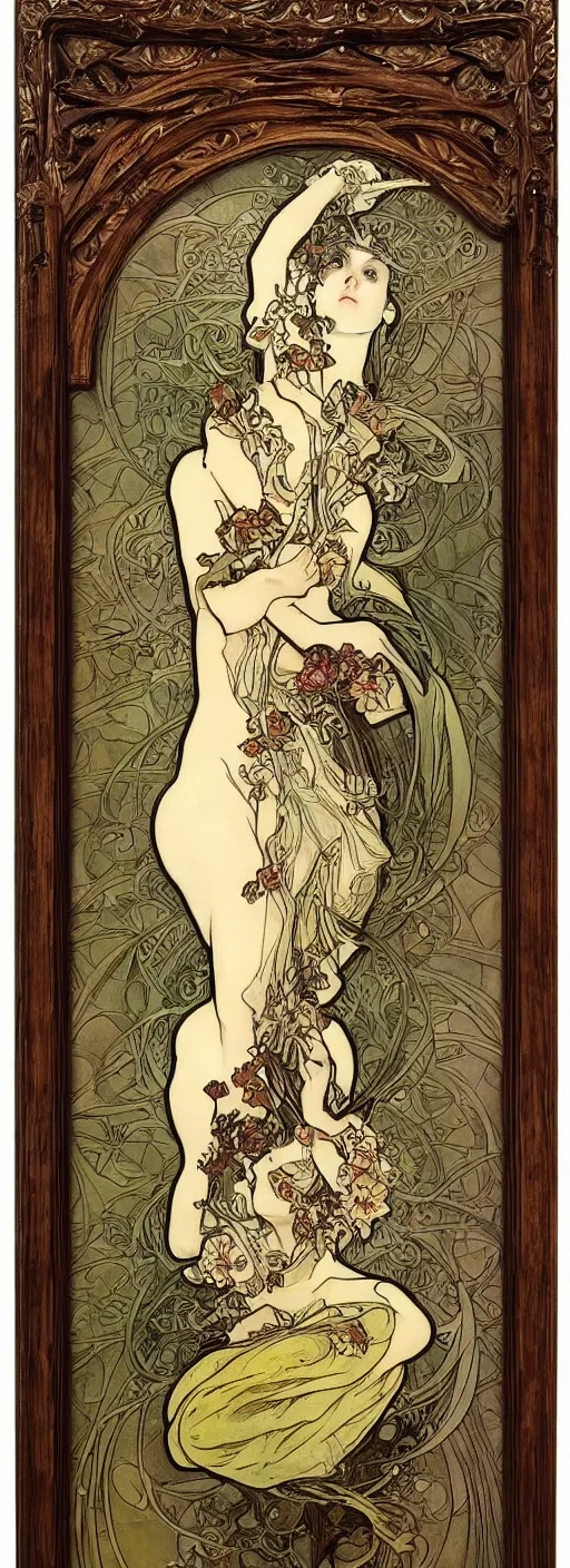 Image similar to an art nouveau wood screen picture frame by brian froud and alphonse mucha distressed wood patine painting concept cinematic lighting Gaudi