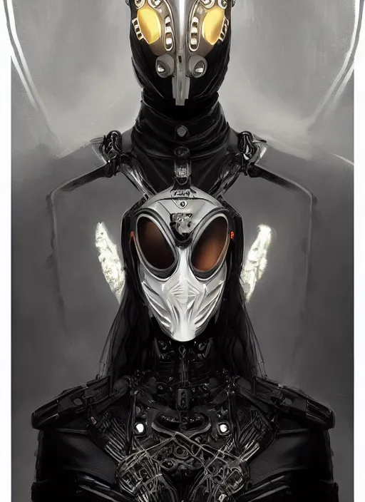 Prompt: a cyborg with mask, black leather garment with art nouveau ivory accessories, cyberpunk, darksynth, luxury, concept art by jama jurabaev, extremely detailed, ominous, ethereal, artstation, andree wallin, edvige faini, balaskas, alphonse mucha