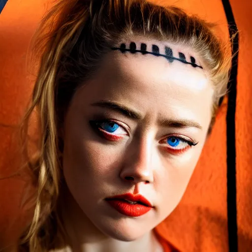 Image similar to amber heard with tattoos on her face in orange prison uniform, ultra realistic, canon 3 5 mm portrait photography, 8 k