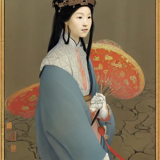 Image similar to a highly detailed portrait of a medieval chinese princess, beautiful detail and color, art by john collier and albert aublet and krenz cushart and artem demura and alphonse mucha, volumetric lighting, octane render, 4 k resolution, matte, sharp focus, illustration, art by jacque - louis david, baroque style