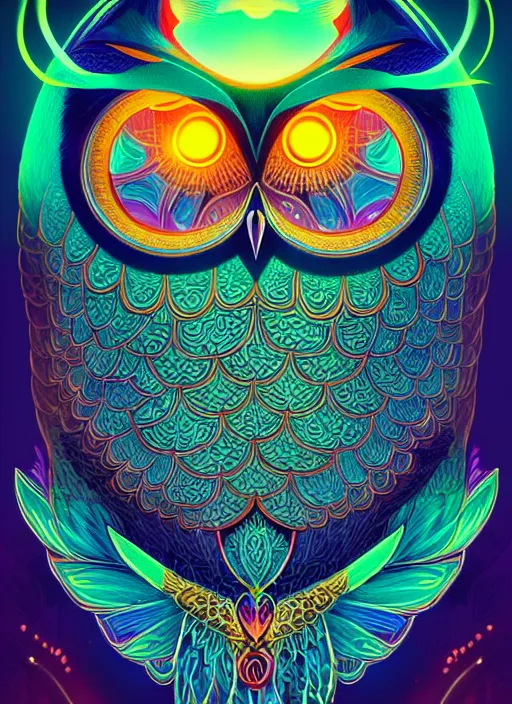 Image similar to symmetry!! product render poster vivid colors divine proportion owl, 神 圣, glowing fog intricate, elegant, highly detailed, digital painting, artstation, concept art, smooth, sharp focus, illustration,