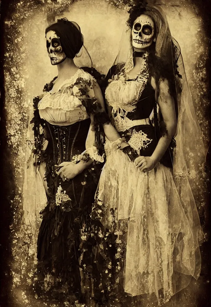 Prompt: tintype full body view, woman religous veil, dia de muertos dress and make up, corset garters and stockings, horrific beautiful vibe, evocative, atmospheric lighting, painted, intricate, highly detailed,