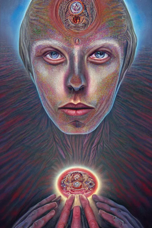 Image similar to transcendental meditation dark ritual rite stigmata cult woman, opening third eye, chakra energy waves resonating from her body, ethereal aura, epic surrealism 8k oil painting, portrait, perspective, high definition, post modernist layering, by Raymond Swanland, Barclay Shaw, Alex Grey