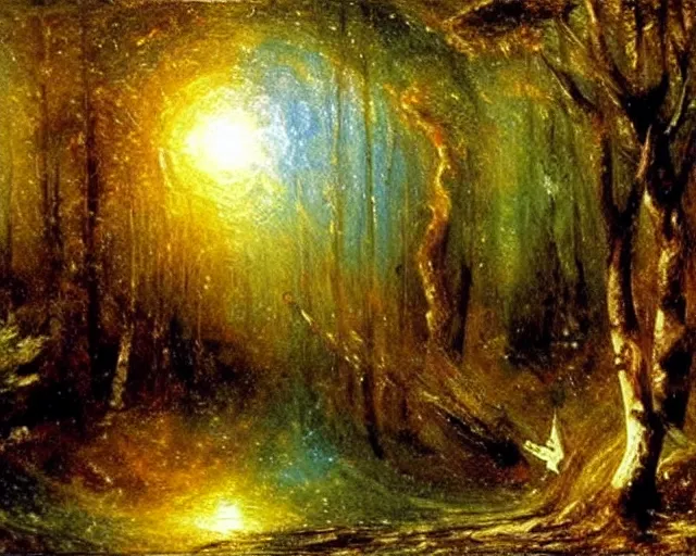 Prompt: an oil painting of a spaceship in a forest, intricate, elegant, highly detailed, turner