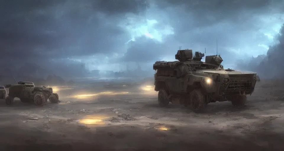 Image similar to an image of a military vehicle in the night on a deserted planet with blue headlights on by Paul Chadeisson, atmospheric, stormy weather, concept art, high detail, intimidating, cinematic, Artstation trending, octane render