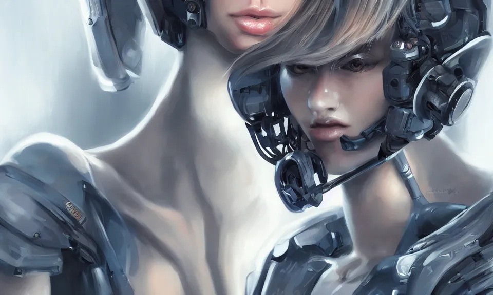 Image similar to portrait of beautiful girl with robot body, close up, portrait, cinematic, elegant, artstation, intricate, highly detailed, digital painting, artstation, concept art, sharp focus, illustration, cyberpunk, cgsociety, 8 k