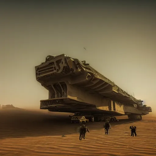 Prompt: cyberpunk cinematic scene of a wreckage of a gigantic stranded sci-fi aircraft carrier in the desert surrounded by dunes, quads and jeeps Madmax style. Haze and a sandstorm is gathering in the sky, gloomy mood, epic scene, hyperrealistic, intricate detail, photo-realistic. Cinematic and volumetric light. Epic concept art. Octane render and Unreal Engine