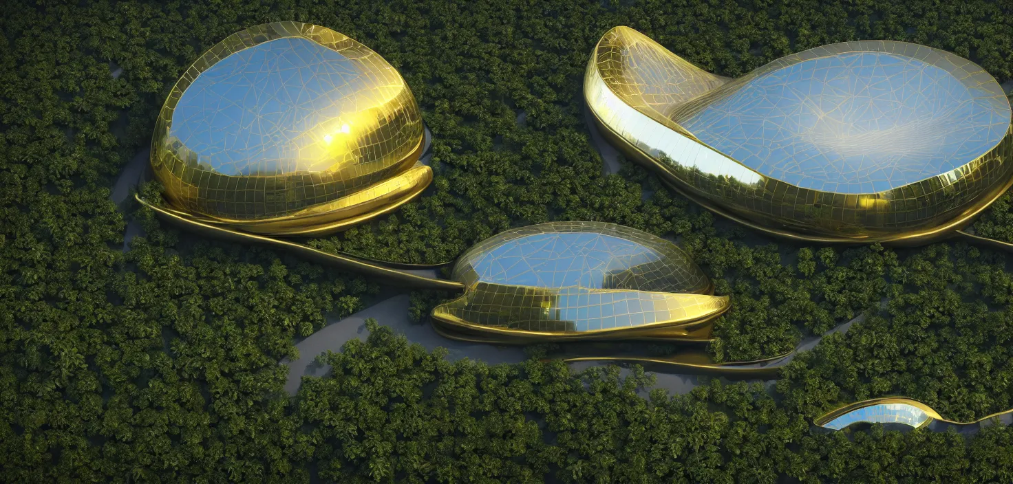 Image similar to futuristic shinny golden mirror building camouflaged in an jungle landscape of a solarpunk world by frank gerhy and oscar niemeyer, shinny golden roads and bridges designed by zaha hadid, movie poster, spiral golden ratio, at dusk lighting, evening lighting, reflections, film still, hyper realistic, octane render redshift arnold materials unreal engine, 8 k post production, hyper detailed