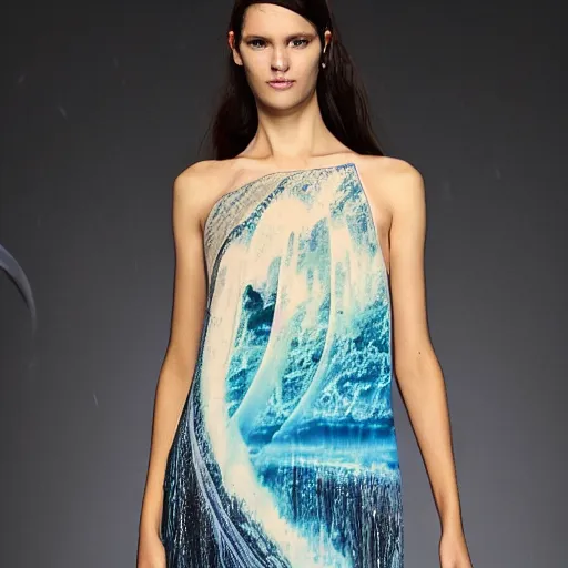 Image similar to a dress made be waterfall, a dress in the shape of waterfalls, fashion, waterfalls, photo