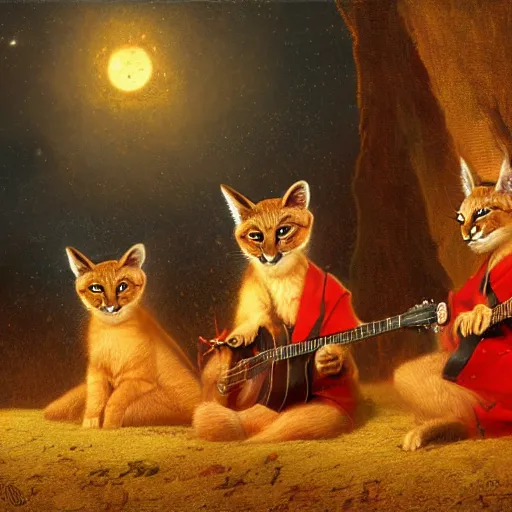 Image similar to three cute caracals wearing red ties with guitar, campfire, night, atmospheric lighting, intricate, volumetric lighting, digital art, highly detailed by gaston bussiere, craig mullins, j. c. leyendecker 8 k