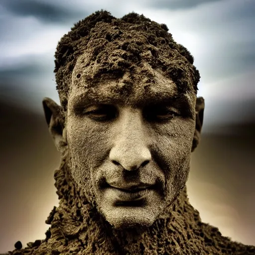 Image similar to a portrait of a man made of roots earth and stone, earthy, nature