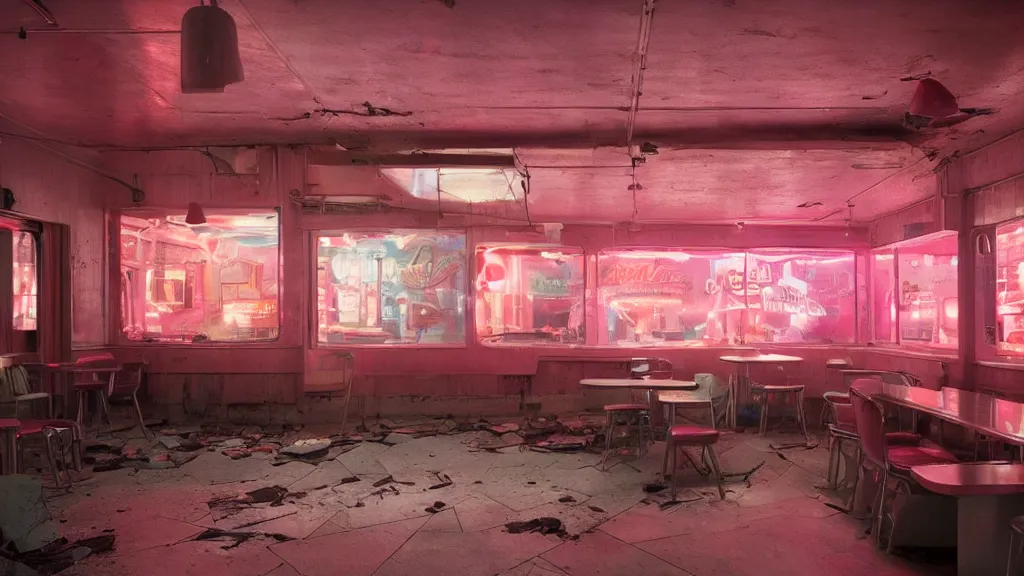 Prompt: the inside of an abandoned 5 0's diner at night, by lee madgwick and bastien lecouffe - deharme, pink and orange neon lights, highly detailed interior, artstation trending, cryenging 8 k uhd