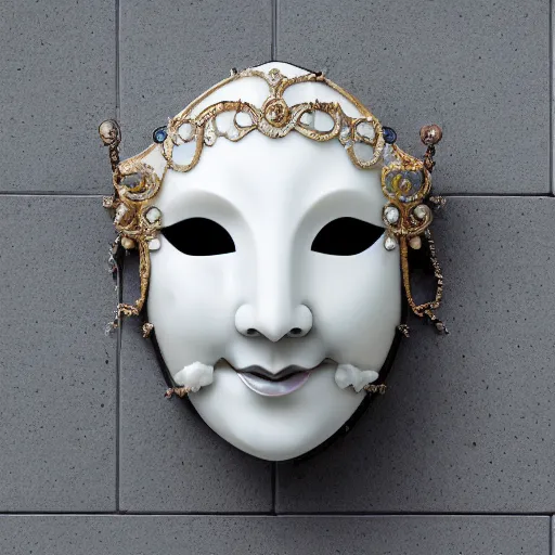 Prompt: photography of a venetian woman mask sculpted in white opalescent marble, with lots of thin ornaments, fractal art, intricate, 8 k, white box, cinematic light