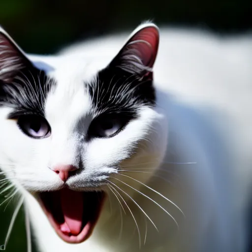 Image similar to A photograph of a white cat with black fur around her eyes sticking tongue out, looking at camera, 8k