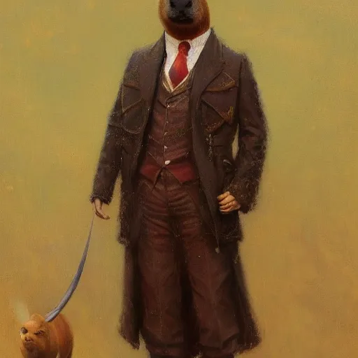 Image similar to portrait of a proud capybara dressed as a gentleman, artwork by gaston bussiere, craig mullins, trending on artstation, capybara wearing a gentleman's uniform