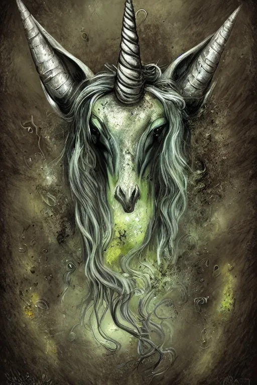 Image similar to nurgle unicorn, symmetrical, highly detailed, digital art, sharp focus, trending on art station, fungus background