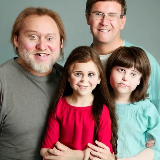 Prompt: family portrait studio of ugly family big eyes bad awful teeth and smile, horrible scary family laughter