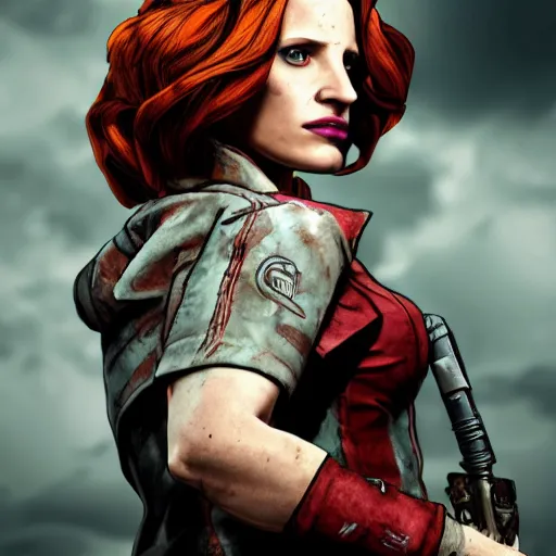 Image similar to jessica chastain portrait, borderlands, tales from the borderlands, the wolf among us, comic, cinematic lighting, studio quality, 8 k