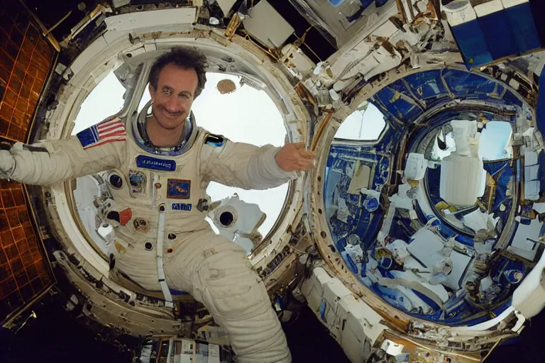 Image similar to 35mm Robbin Williams color portrait photo on the international space station, by Emmanuel Lubezki