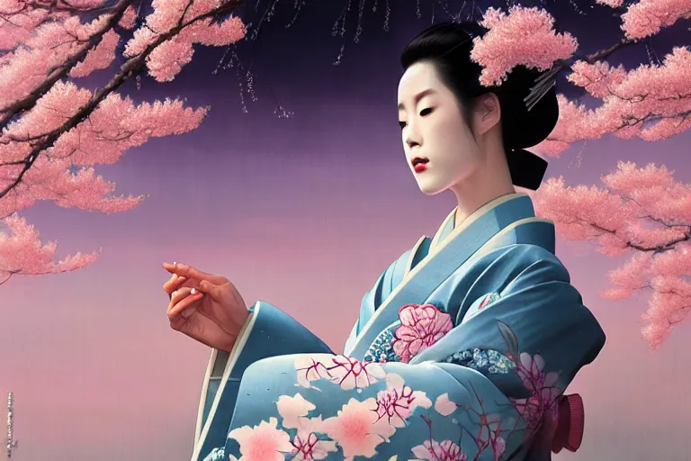 Image similar to a beautiful geisha tardigrade!!! wearing a kimono at a fireworks sakura festival. rainy, dreamlike art, mist, realistic shaded, fine details, 4 k realistic, cryengine, realistic shaded lighting poster by greg rutkowski, magali villeneuve, artgerm, jeremy lipkin and michael garmash and rob rey