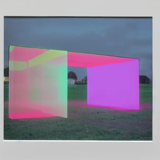 Prompt: a pastel coloured Polaroid photo of a large cube made of transparent neon perspex, each pane is a different colour stood in a field, beams of light, nostalgic