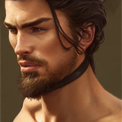 Image similar to portrait of a young, rugged ranger, handsome, muscular, half body, leather, smirk, fantasy, intricate, elegant, highly detailed, digital painting, artstation, concept art, smooth, sharp focus, illustration, art by artgerm and greg rutkowski and alphonse mucha