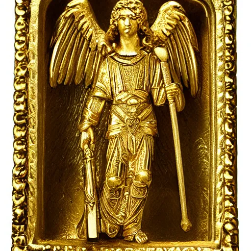 Image similar to archangel michael, gold, intricate, photorealistic