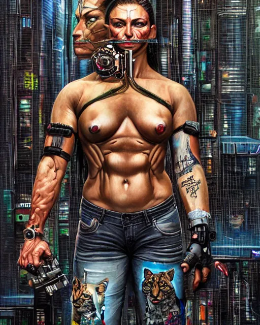 Image similar to a portrait of a muscular anthropomorphic cyberpunk puma by sandra chevrier, by jon foster, detailed render, pistol in holster, tape deck, epic composition, cybernetics, 4 k realistic, cryengine, realistic shaded lighting, sharp focus, masterpiece, by enki bilal