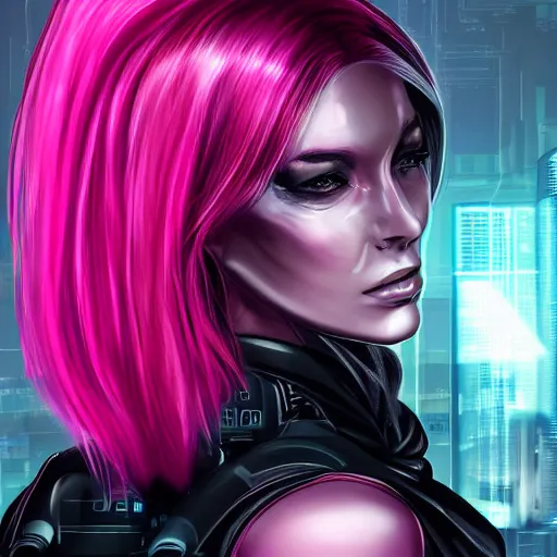Prompt: Portrait of a beautiful cyberpunk android, pink hair