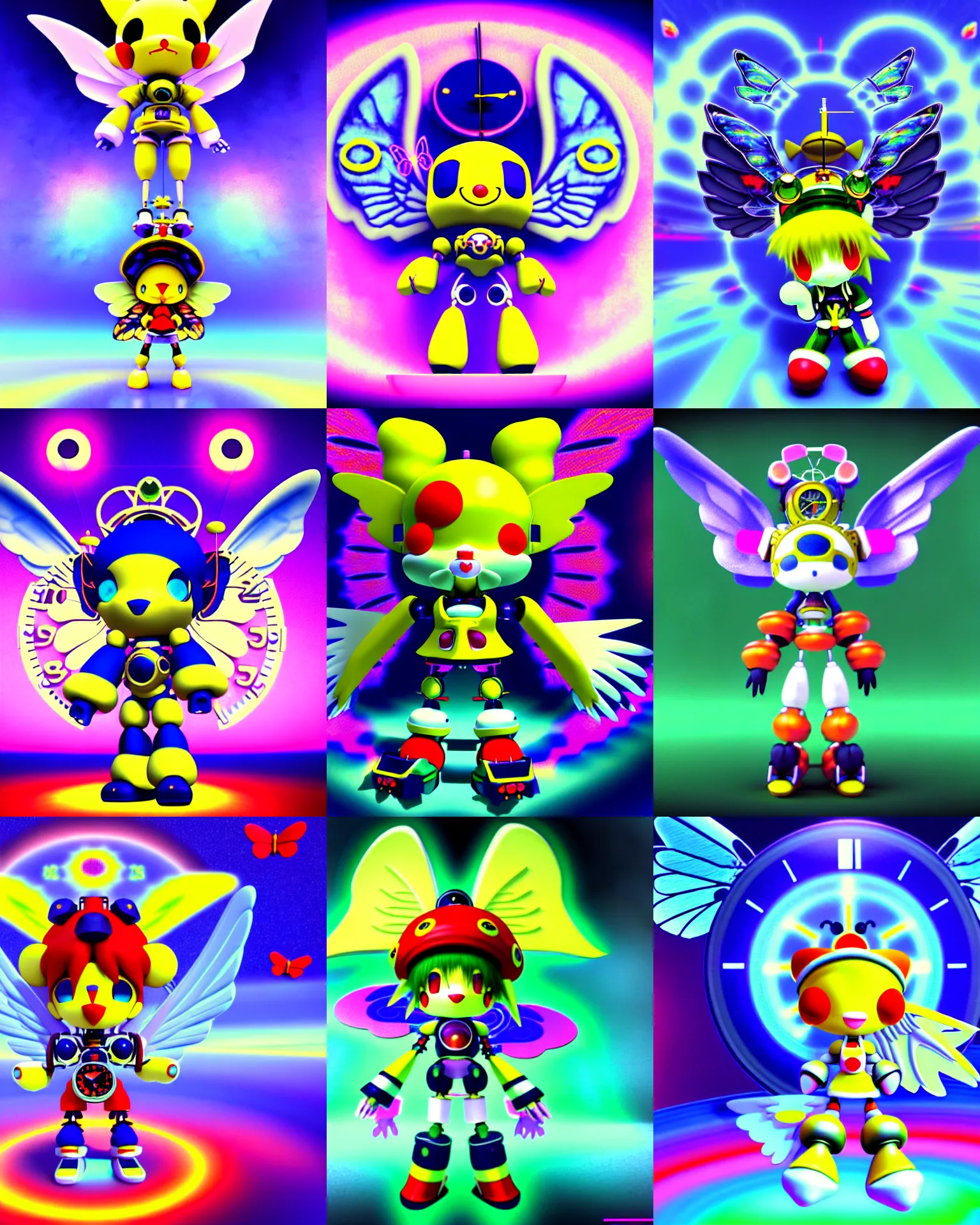 Prompt: 3 d render of chibi clock cyborg klonoa mech with angel wings against a psychedelic surreal background with 3 d butterflies and 3 d flowers n the style of 1 9 9 0's cg graphics lsd dream emulator psx graphics 3 d rendered y 2 k aesthetic by ichiro tanida, 3 do magazine, wide shot