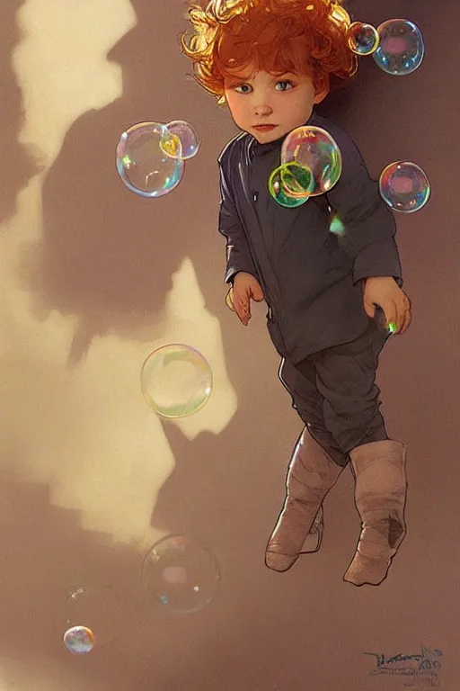 Image similar to a little boy with very short ginger hair chasing bubbles. clean elegant simple illustration, beautiful detailed face. by artgerm and greg rutkowski and alphonse mucha