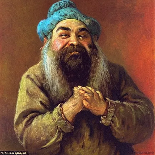 Image similar to a diamond-hungry dwarf with bulging eyes, puffed-out veins with outstretched fingers in the style of Ilya Repin