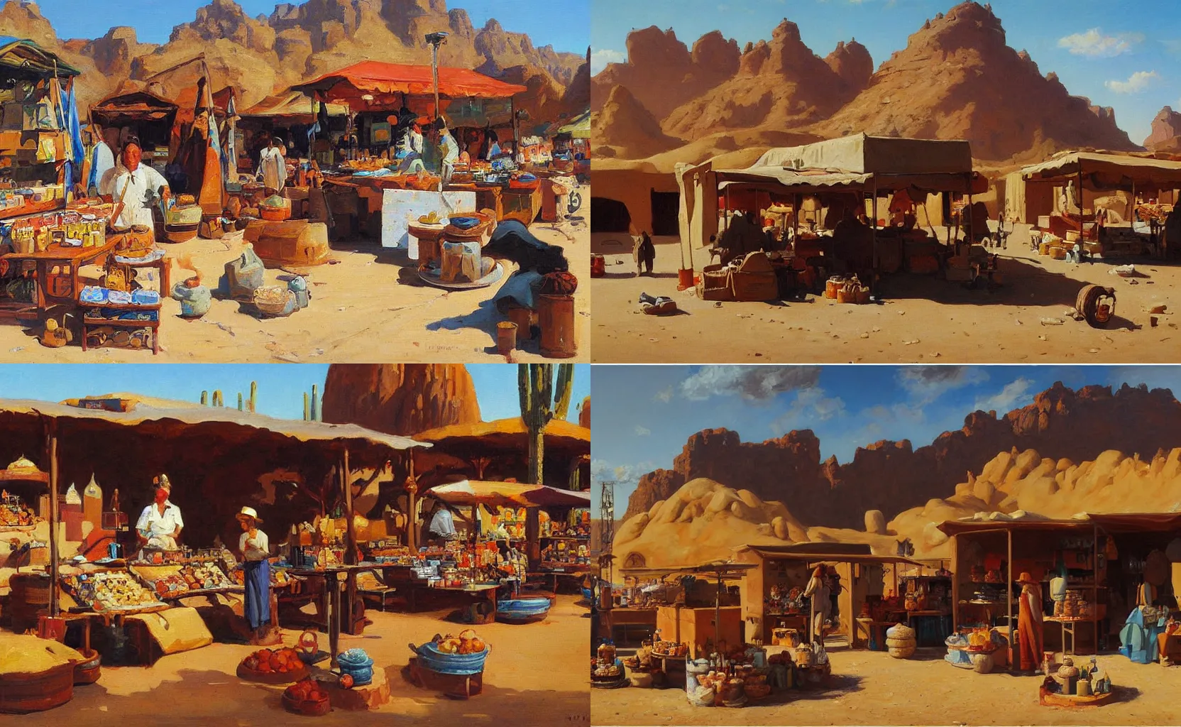 Prompt: A desert marketplace selling valuable goods, fantasy painting by Karl Gustav Rodde and Ben Aronson