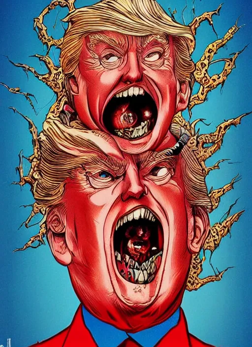 Image similar to Donald Trump's true form on a 1990s body horror movie poster, inking, vintage 90s print, detailed, scary, horror, screen print, trending on artstation