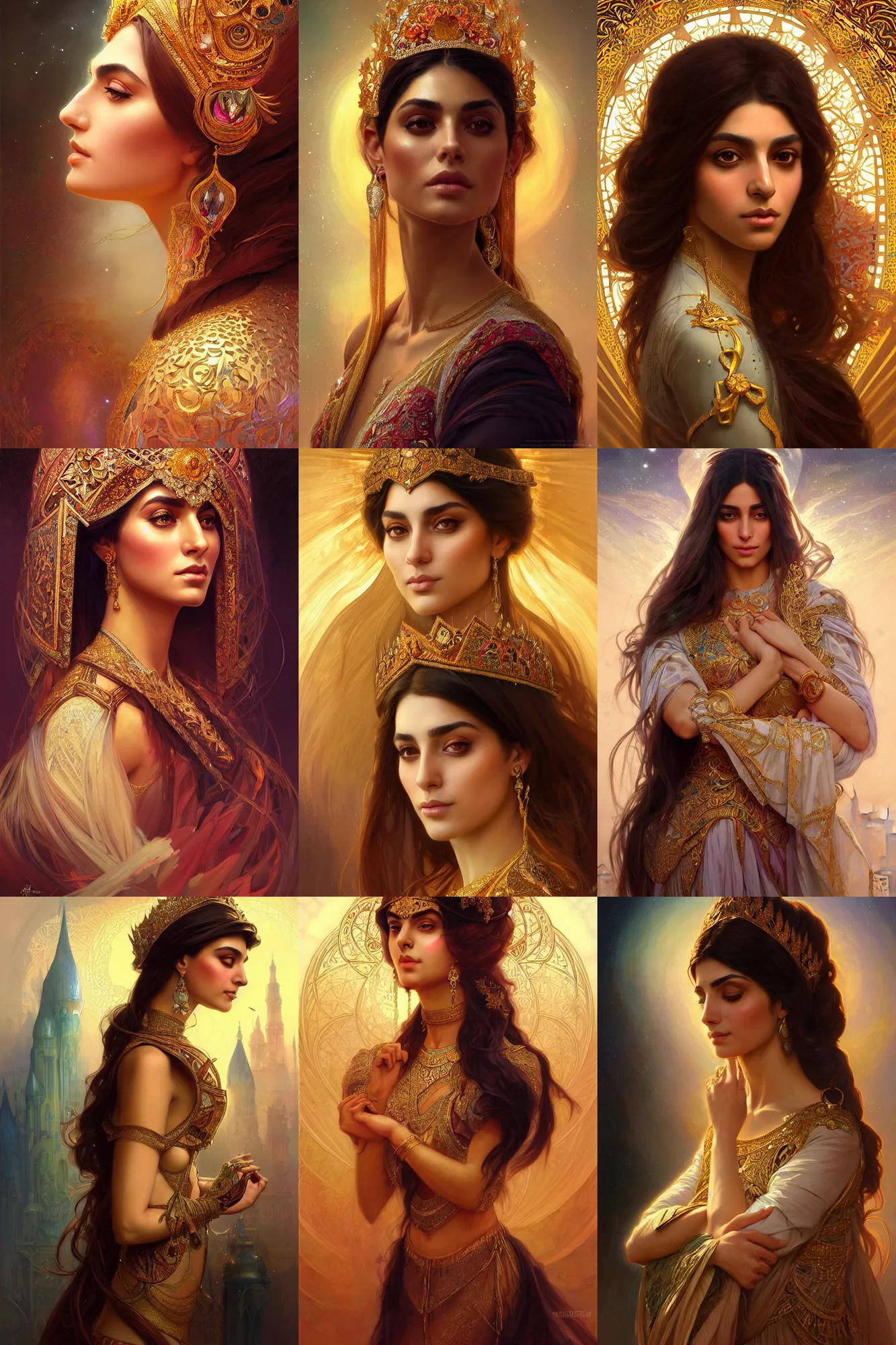 Prompt: Beautiful portrait of a Persian Princess who is an architect, beautiful princess, face painting, dramatic lighting, intricate, wild, highly detailed, digital painting, artstation, concept art, smooth, sharp focus, illustration, art by artgerm and greg rutkowski and alphonse mucha, footage from space camera