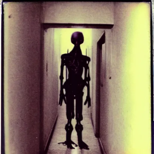 Image similar to Old polaroid of a dark spindly figure standing at the end of a dim hallway, liminal, creepypasta