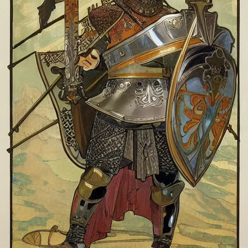 Image similar to germania in full plate armour, sword, shield, painted by alphonse mucha