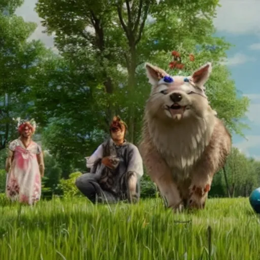 Image similar to a still from the movie midsommar crossover with the game okami