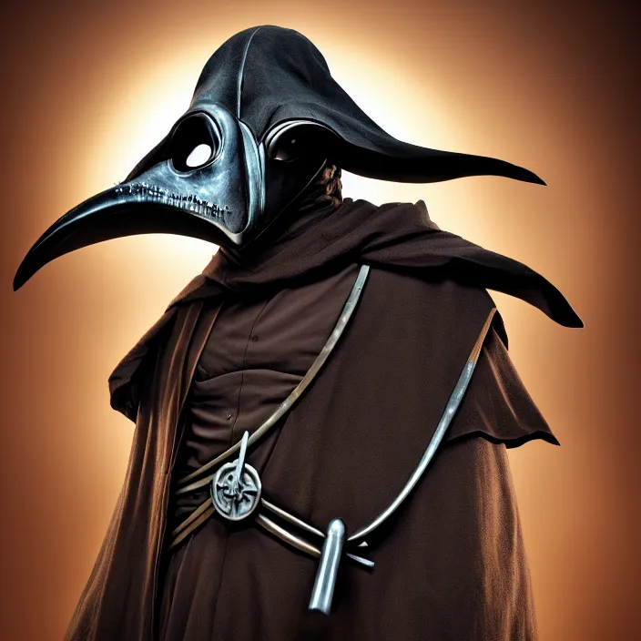 Prompt: portrait photograph of a futuristic plague doctor warrior. Extremely detailed. 8k