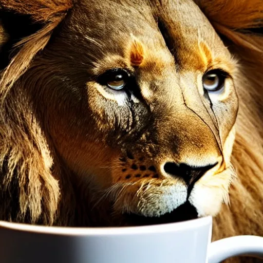 Prompt: a tiny lion peeking his head out of a coffee mug, close up shot.