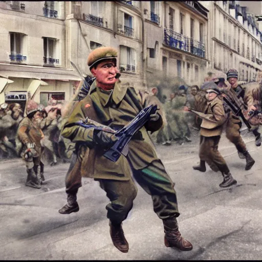 Prompt: fighting on the streets, paris, soviet soldiers against nato soldiers, world war 3, military equipment, image in photorealistic art style, a very high - quality picture taken on camera from the 9 0 s