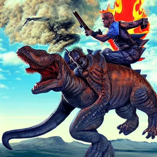 Image similar to benjamin netanyahu riding a t - rex with a shotgun, epic volcano background by victor adame minguez by yuumei by tom lovell by sandro botticelli