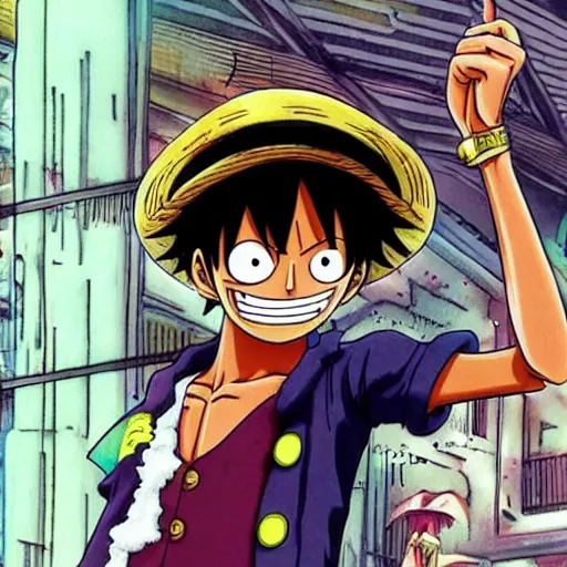Prompt: Luffy from One Piece wearing a cyberpunk outfit