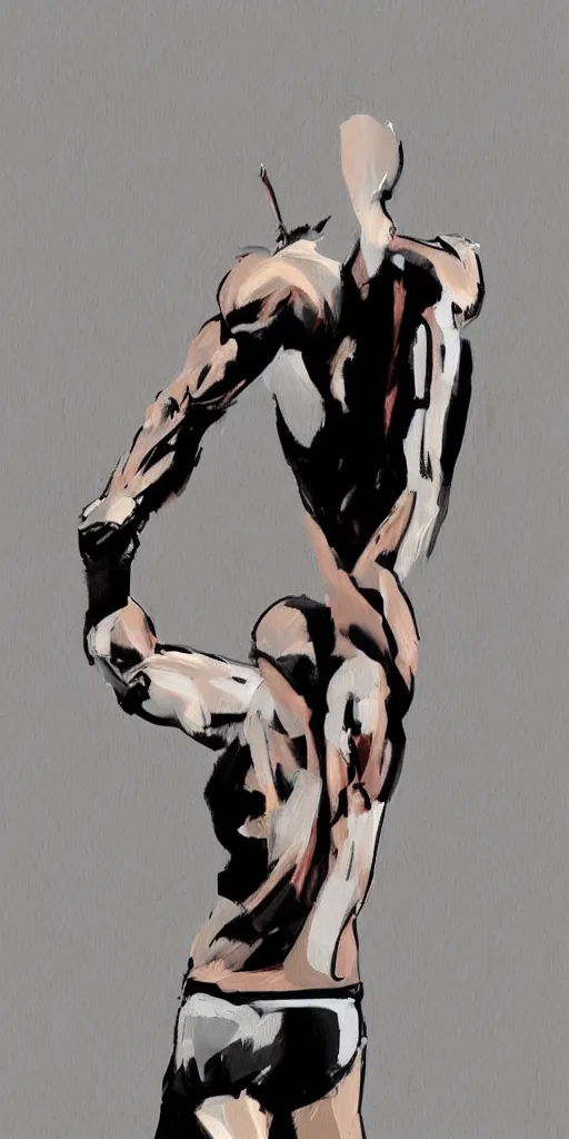 Prompt: thick long paint brush strokes, outline suggesting the physique of one!!! thin athletic man doing pullup, matte paint colors, minimal painting, negative space, long flowing brush strokes, very abstract trending on artstation