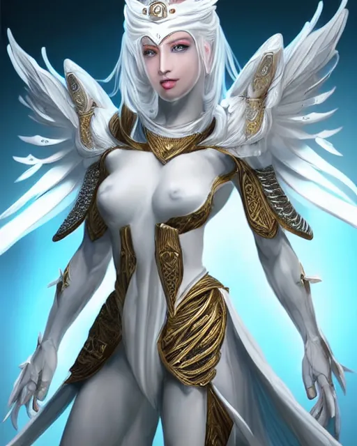 Prompt: perfect white haired egyptian goddess wearing white dove wings, warframe armor, regal, attractive, ornate, sultry, beautiful, dreamy, half asian, pretty face, blue eyes, detailed, scifi platform, 4 k, ultra realistic, epic lighting, android body, illuminated, cinematic, masterpiece, art by akihito tsukushi, voidstar, artgerm