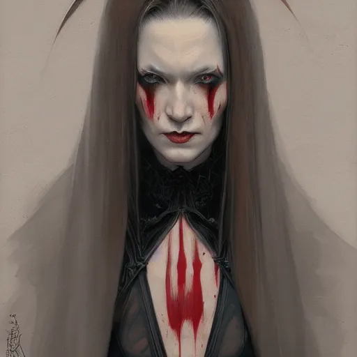 Image similar to portrait of a lady vampire, digital painting, ominous, sharp, detailed, photorealistic, high definition, 4k, artstation, donato giancola, Greg Rutkowski, matthew benedict, character design