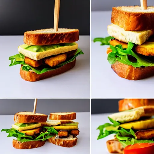 Image similar to sandwich with fried tofu, also one tomato slice, two onion rings, avocado and cheddar, over a dish, with a sunset background and saturn and stars in the sky, amazing light