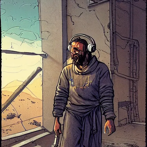 Image similar to Hosea the Beggar priest with cyberpunk headset in busy spaceport on luna 5 colony. Gritty Concept art by James Gurney and Mœbius.