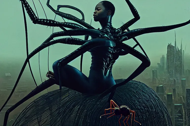 Prompt: realistic detailed closeup portrait movie shot of a beautiful black woman riding a giant spider, dystopian city landscape background by denis villeneuve, amano, yves tanguy, alphonse mucha, max ernst, kehinde wiley, caravaggio, roger dean, cyber necklace, rich moody colours, sci fi patterns, wide angle